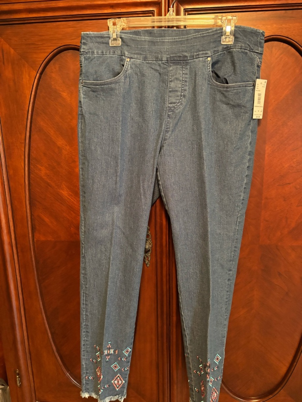 Embroidered Hem Denim Leggings - Blue